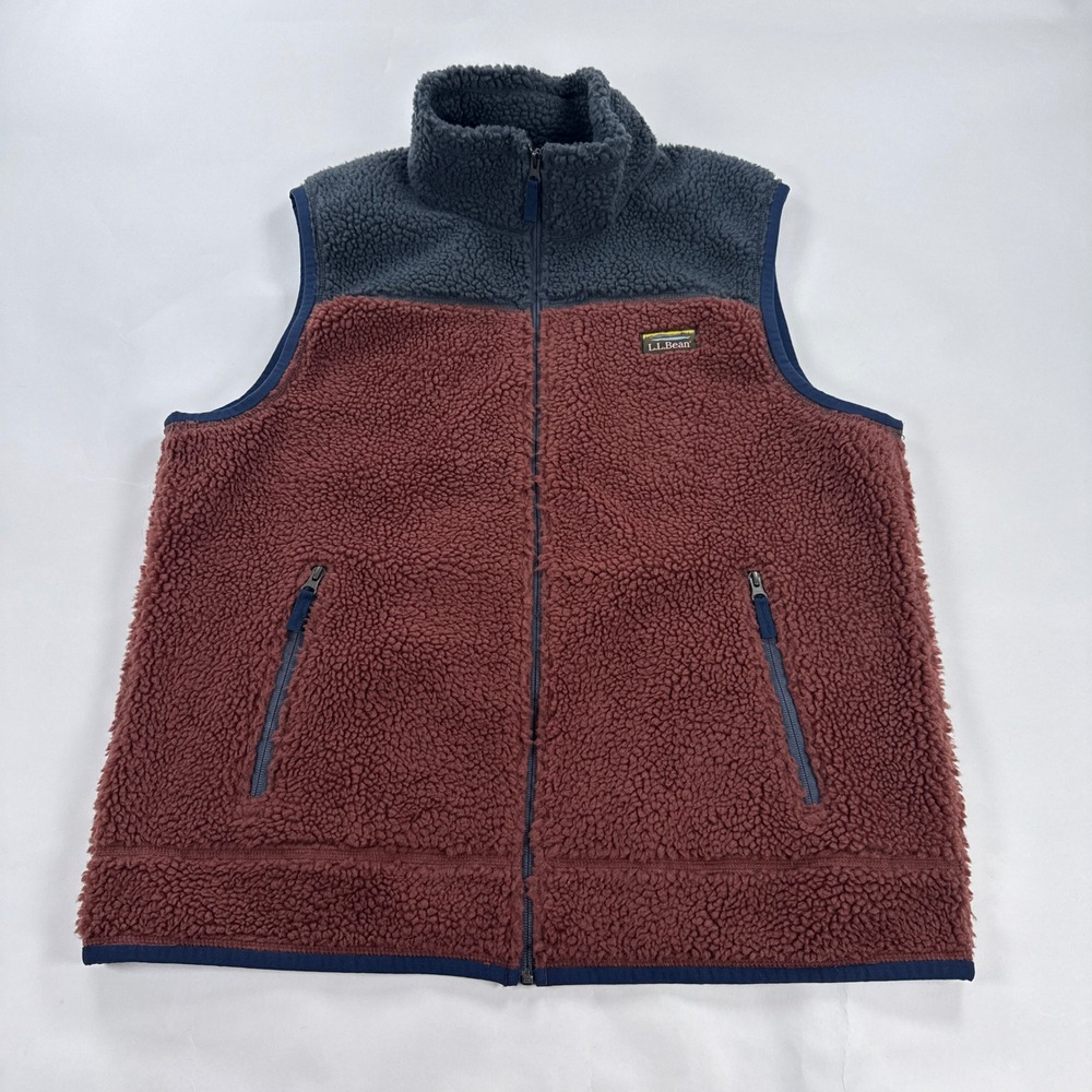 LL Bean Mens Vest XL Blue Red Colorblock Sherpa Mountain Pile Fleece Full Zip
